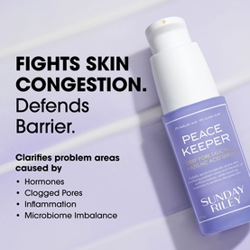 Sunday Riley Peace Keeper serum in pump bottle on lilac background with text highlighting barrier defence and skin congestion benefits.