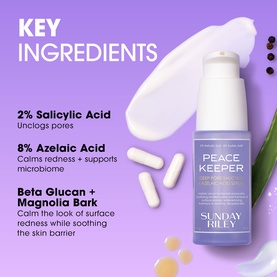 Sunday Riley Peace Keeper Serum with key ingredients infographic: 2% Salicylic Acid, 8% Azelaic Acid, Beta Glucan and Magnolia Bark