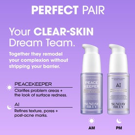 Sunday Riley Peacekeeper and AI serum duo displayed as a Perfect Pair clear-skin set, shown in lilac-toned promotional layout