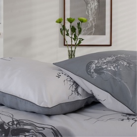 The Lyndon Company Duvet Set in multi, featuring grey and white bedding with intricate jellyfish embroidery detail on pillowcases