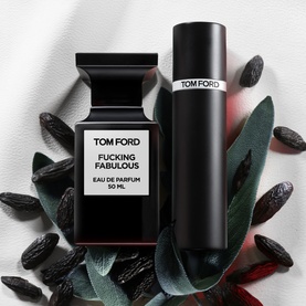 Tom Ford Private Blend F Fabulous Eau de Parfum Gift Set 50ml with travel spray atomiser, surrounded by dark botanicals on white background