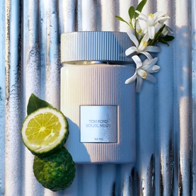 Tom Ford Soleil Neige Eau de Parfum Gift Set 50ml, ribbed blue and cream bottle styled with bergamot and white florals