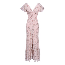 House of CB Pink Vintage Rose lace maxi dress with flutter sleeves, deep V-neckline, and fishtail hem
