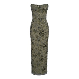 House of CB olive strapless maxi dress with gold sequin floral embroidery and structured bodice