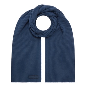 Calvin Klein ribbed cotton scarf in Dark Denim blue, displayed flat with looped end, showing textured knit detail and logo tab.