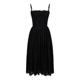 House of CB black lace midi dress with spaghetti straps, fitted bodice, and full pleated skirt