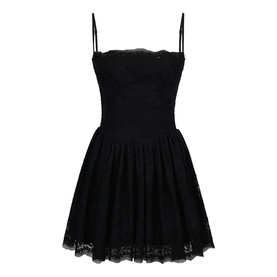 House of CB black lace mini dress with spaghetti straps, sweetheart neckline, and full skater skirt