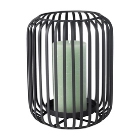 Villeroy & Boch black metal cage lantern with vertical slats, holding a sage green pillar candle
