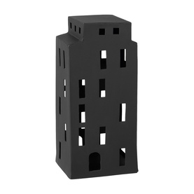Villeroy & Boch black ceramic building lantern with cut-out windows and arched doorway, tall rectangular tower form