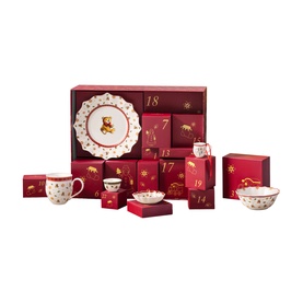 Villeroy & Boch red Christmas advent calendar gift set with ceramic plate, mug, bowl and numbered gift boxes