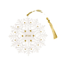 Villeroy & Boch white porcelain snowflake ornament with gold tassel, "2026" inscription, and gold bead detail accents