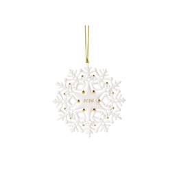 Villeroy & Boch white porcelain snowflake Christmas tree ornament with gold dot accents and 2026 text, hung on gold ribbon