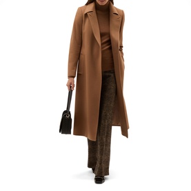 Model wearing Hobbs vicuna marl longline wool coat with belt, styled with brown knit, wide-leg trousers, carrying black bag