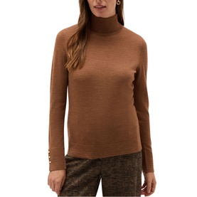 Model wearing Hobbs vicuna marl turtleneck knit top with button cuff detail, styled with patterned trousers