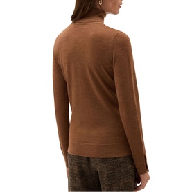 Model wearing Hobbs vicuna marl fine knit roll neck jumper, back view, styled with textured brown trousers