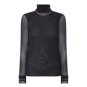 MeiMeij Nero sheer mesh long-sleeve turtleneck top in black polyamide with semi-transparent sleeves and ribbed cuffs