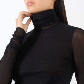 Model wearing MeiMeij nero sheer mesh turtleneck top with long sleeves, close-up detail shot
