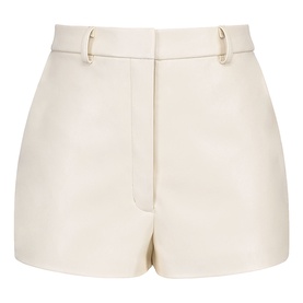 House of CB ivory faux leather high-waist shorts with gold D-ring belt detail and zip fly