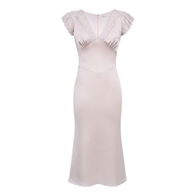 House of CB Crystal Pink midi dress with ruched bust, flutter sleeves, and fitted silhouette