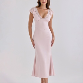 Model wearing House of CB Crystal Pink midi dress with lace cap sleeves, deep V-neckline, and fitted mermaid hem silhouette