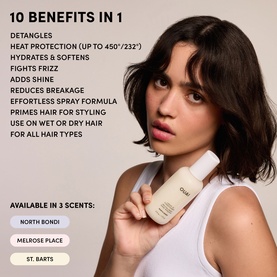 Ouai Leave-In Conditioner in North Bondi scent. Infographic listing 10 benefits including heat protection, detangling, and frizz control. Available