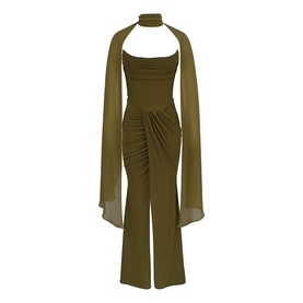 House of CB olive halterneck jumpsuit with draped chiffon sleeves, ruched bodice and wide-leg trousers