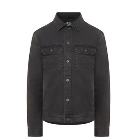 Washed black denim trucker jacket with twin chest pockets, button-front fastening, and logo patch at collar