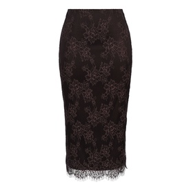 House of CB chocolate brown lace midi pencil skirt with floral pattern and scalloped lace hem trim