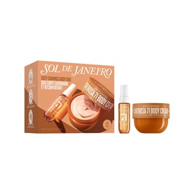 Sol De Janeiro Cozy Cravings Body Duo Gift Set featuring Borrosa 71 Body Cream jar and mini body oil spray in warm amber tones