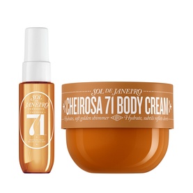 Sol De Janeiro Cozy Cravings Body Duo Gift Set featuring Cheirosa 71 Body Cream jar and matching shimmer body spray in warm amber tones