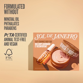 Sol De Janeiro Cozy Cravings Body Duo Gift Set with body oil and body cream in beige and amber packaging