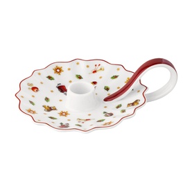 Villeroy & Boch ceramic candle holder with scalloped plate, red handle, and festive Christmas motifs including stars, ladybirds, and ornaments