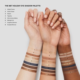 Bobbi Brown The Met Eye Shadow Palette swatches showing 8 shades across three skin tones, ranging from champagne to deep bronze and navy