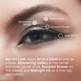 Bobbi Brown The Met Eye Shadow Palette get the look guide showing Glimmering Gallery, Artist's Easel, Sculpted Bronze and Midnight Ink shades applied