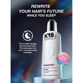 K18 FutureIQ Biomimetic Hair Longevity Serum, 90ml bottle shown against dark background with overnight repair messaging