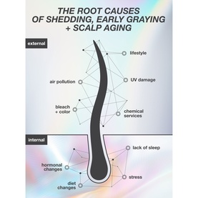 K18 FutureIQ Biomimetic Hair Longevity Serum infographic showing root causes of shedding, early graying and scalp aging