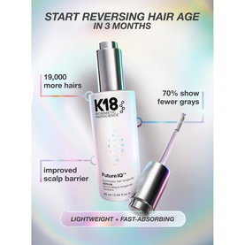 K18 FutureIQ Biomimetic Hair Longevity Serum with applicator wand, highlighting scalp barrier, grey reduction and hair growth benefits