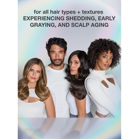 Four models with varied hair types and textures promoting K18 FutureIQ Biomimetic Hair Longevity Serum for shedding, greying and scalp ageing
