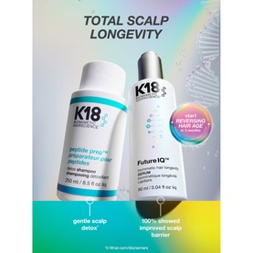 K18 FutureIQ Biomimetic Hair Longevity Serum in dark blue bottle, shown alongside K18 Peptide Prep shampoo on gradient background