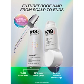 K18 FutureIQ Biomimetic Hair Longevity Serum and complementary hair treatment displayed with key benefits: 19,000 more hairs, 70% fewer grays, 2x