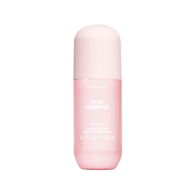 Kylie Fragrance Vanilla Dew Hair & Body Mist in a pink spray bottle with rounded pink cap, 100ml