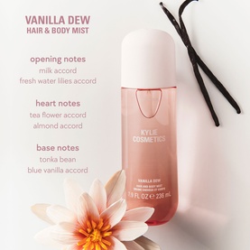 Kylie Fragrance Vanilla Dew Hair & Body Mist, 236ml pink bottle styled with vanilla pods and flower, fragrance notes visible on graphic