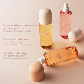 Kylie Fragrance Vanilla Dew Hair & Body Mist shown with Sweet &Eacute;clair and Caramel Cloud mists, layering guide text visible alongside pump bottles.