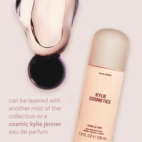 Kylie Fragrance Vanilla Dew Hair & Body Mist 236ml spray bottle alongside a complementary fragrance bottle on pale background.