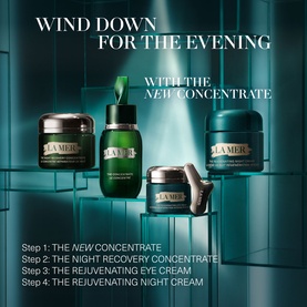 La Mer The Concentrate Serum shown alongside Night Recovery Concentrate, Rejuvenating Eye Cream and Rejuvenating Night Cream in teal editorial display