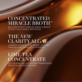 La Mer The Concentrate Serum ingredient highlight showing Concentrated Miracle Broth, New Clarity Algae, and Lime Tea Concentrate with descriptions.