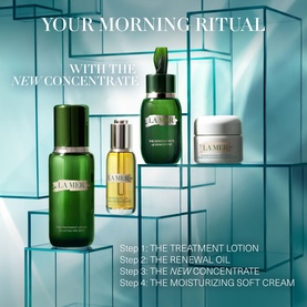 La Mer The Concentrate Serum shown in a 4-step morning ritual lineup with Treatment Lotion, Renewal Oil, and Moisturizing Soft Cream on teal shelves.