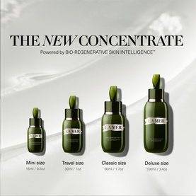 La Mer The Concentrate Serum shown in four sizes: Mini 15ml, Travel 30ml, Classic 50ml, and Deluxe 100ml, in dark green bottles with droppers.