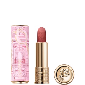 Lanc&ocirc;me lipstick in a pink floral gold-capped tube with decorative cap, mauve-pink bullet visible, ornate collector packaging
