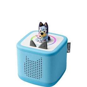 Tonies Toniebox in blue with Bluey character Tonie figure on top, compact cube-shaped speaker with rainbow light display